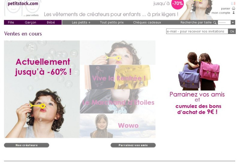 Site e-commerce : destockage de  vêtements créateurs enfants - Accueil
